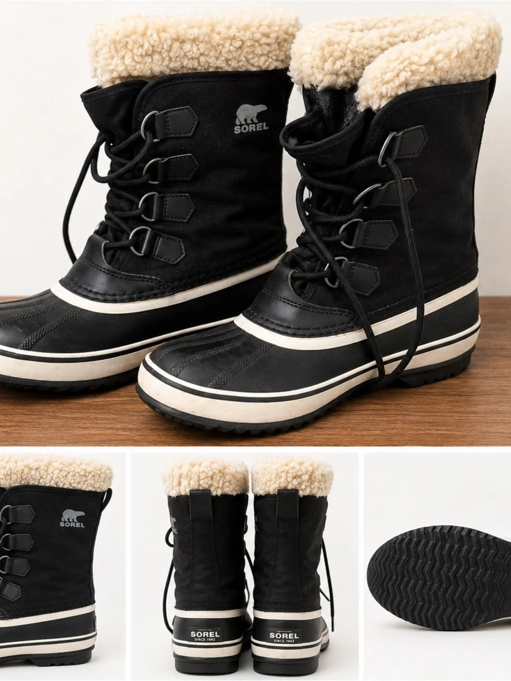 Sorel Black Lace-Up Winter Boots with Cream Sherpa Cuff